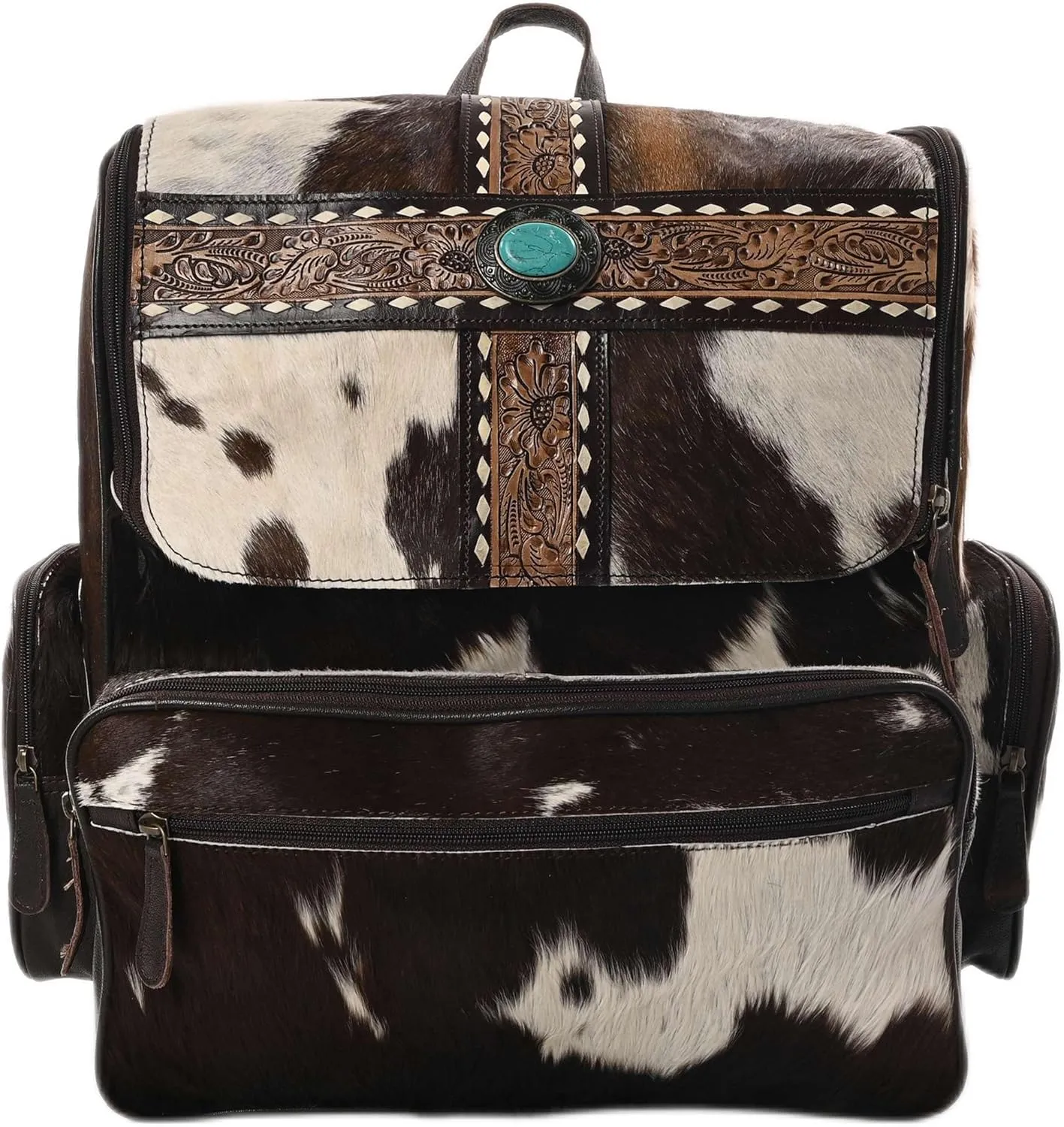 Leather Laptop Backpack Purse for Women Cowhide Hair on Genuine Leather Bag Hand Tooled Western Design Ladies Shoulder Bag for Travel Fashion Daily Use