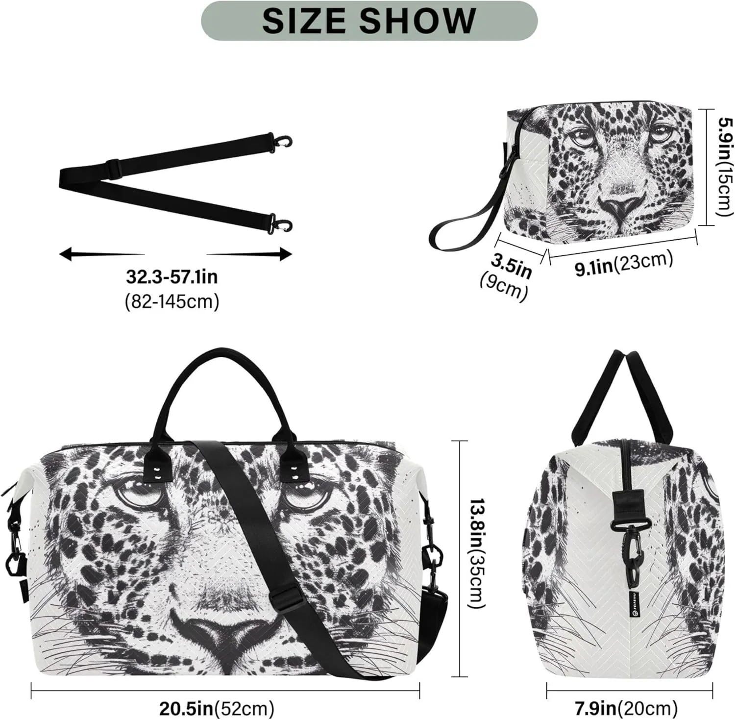Leopards Head Black White Travel Duffel Bag Makeup Pouch Set of 2, Prints Small Gym Bag Carry on Tote