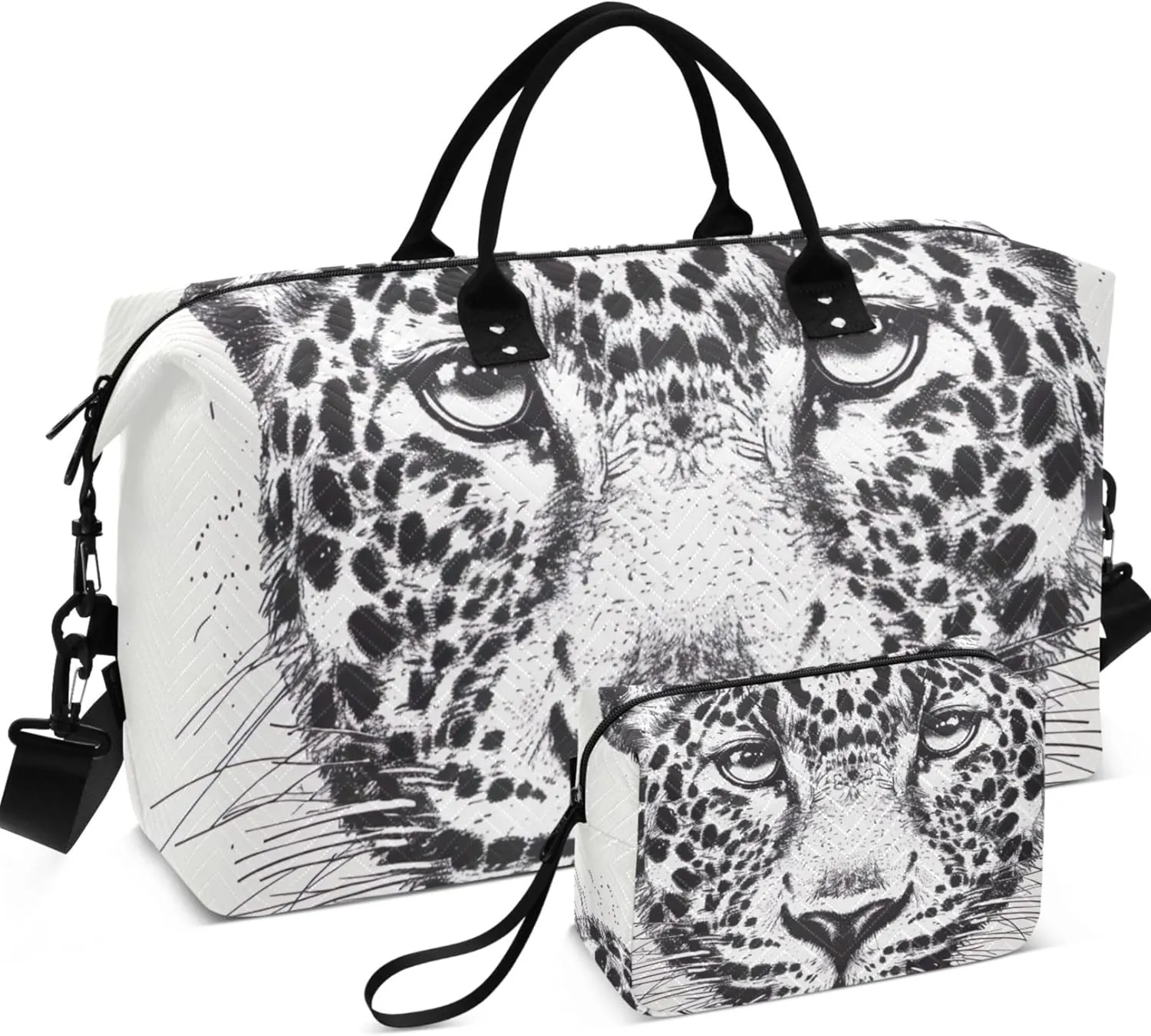 Leopards Head Black White Travel Duffel Bag Makeup Pouch Set of 2, Prints Small Gym Bag Carry on Tote