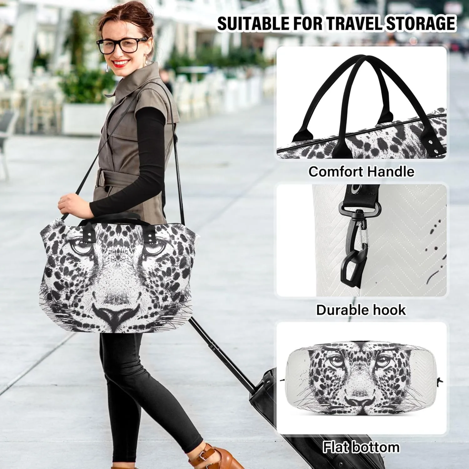 Leopards Head Black White Travel Duffel Bag Makeup Pouch Set of 2, Prints Small Gym Bag Carry on Tote