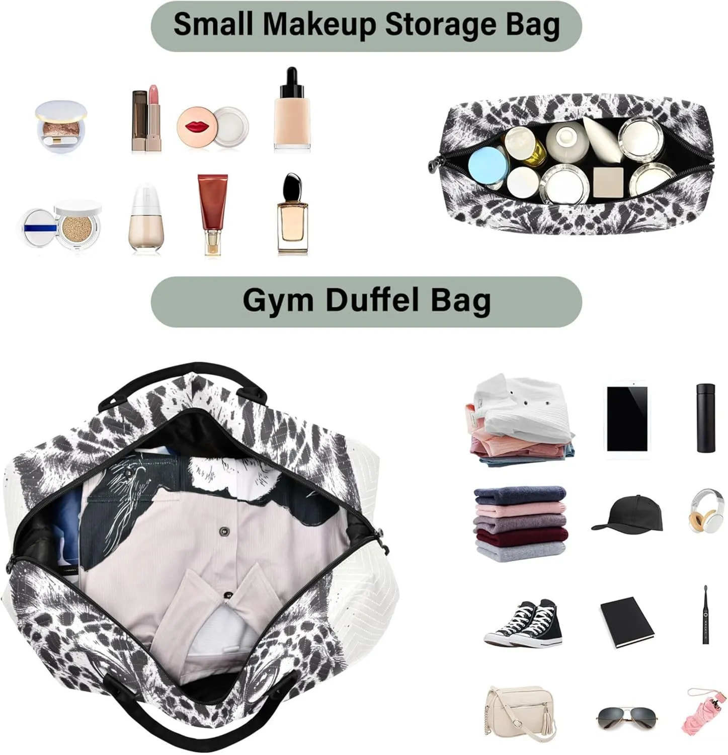 Leopards Head Black White Travel Duffel Bag Makeup Pouch Set of 2, Prints Small Gym Bag Carry on Tote
