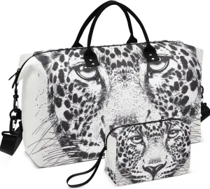 Leopards Head Black White Travel Duffel Bag Makeup Pouch Set of 2, Prints Small Gym Bag Carry on Tote