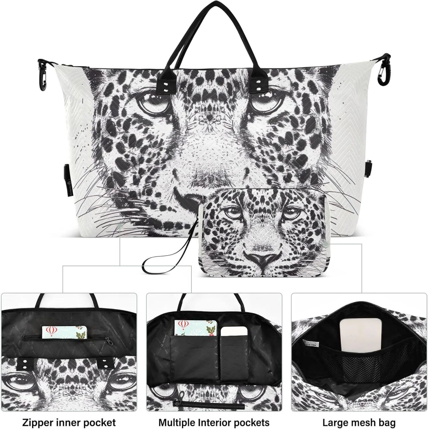 Leopards Head Black White Travel Duffel Bag Makeup Pouch Set of 2, Prints Small Gym Bag Carry on Tote