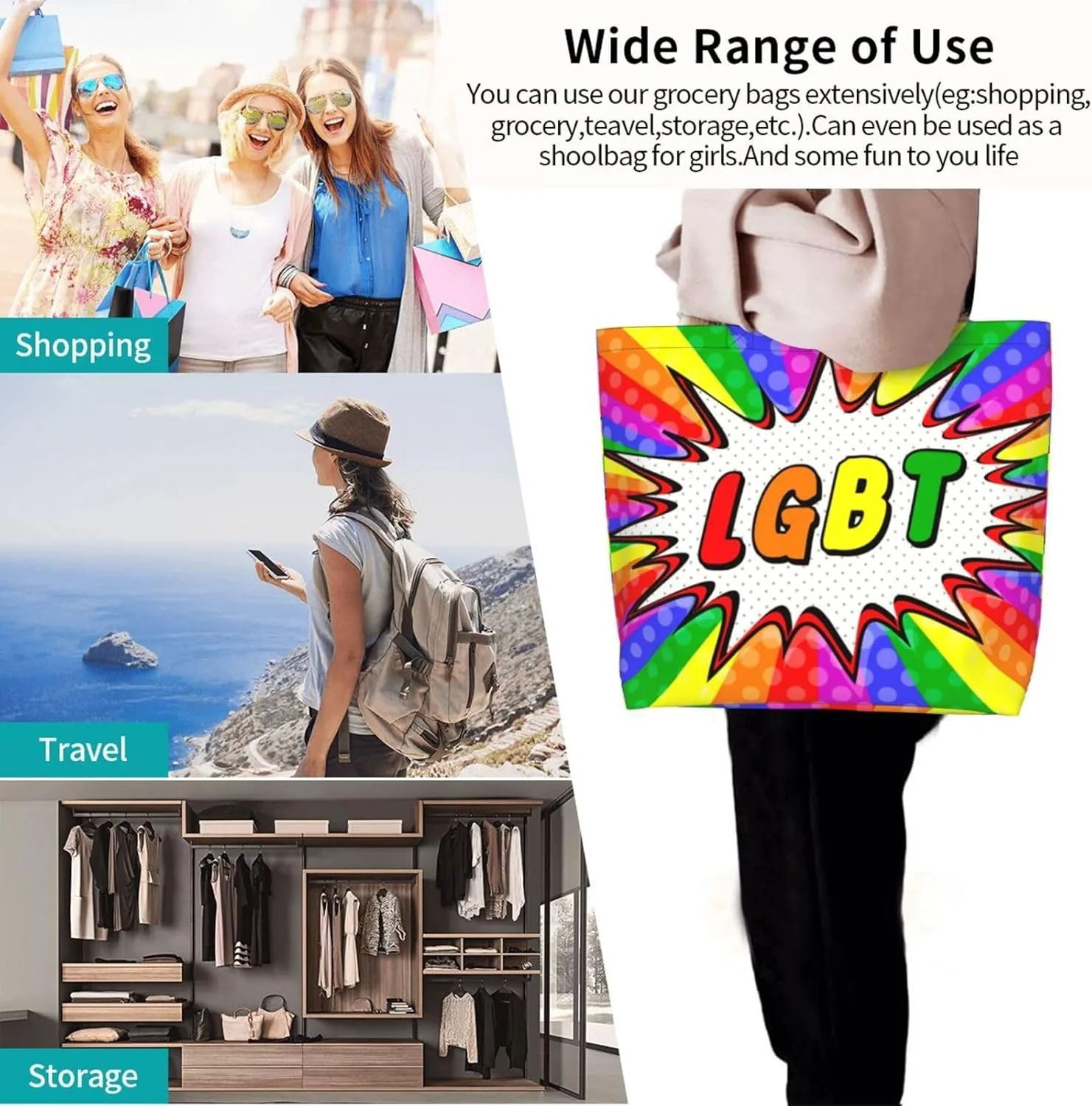 Lgbt Rainbow Hearts Tote Bag For Women MenLGBT Pride Shoulder Bag Rainbow Handbag For Shopping, Work, Travel