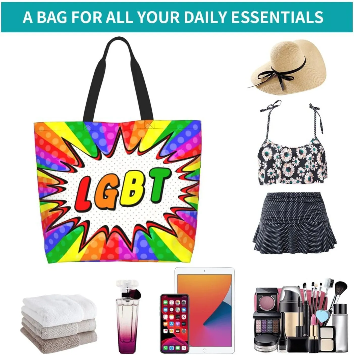 Lgbt Rainbow Hearts Tote Bag For Women MenLGBT Pride Shoulder Bag Rainbow Handbag For Shopping, Work, Travel