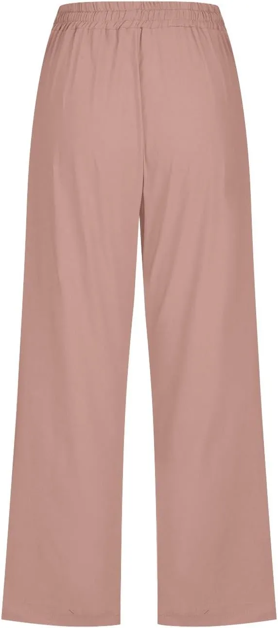 Linen Capri Pants for Women Loose Fit Crop Trousers Elastic Drawstring Waist Summer Boho Beach Outfit with Pockets