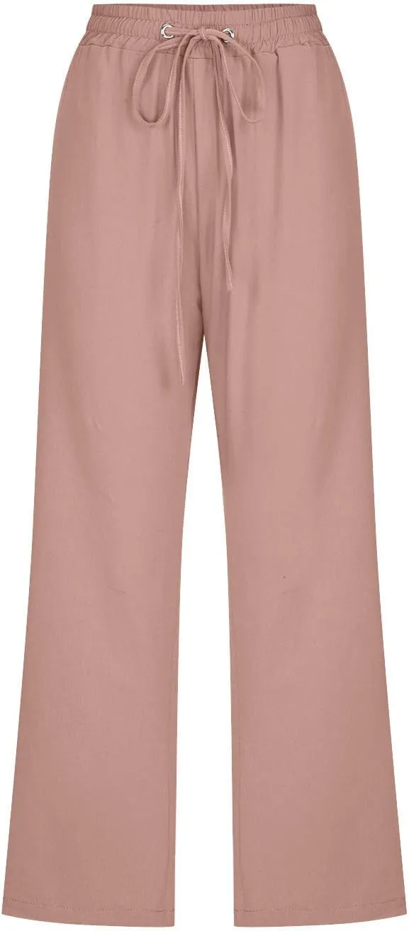 Linen Capri Pants for Women Loose Fit Crop Trousers Elastic Drawstring Waist Summer Boho Beach Outfit with Pockets