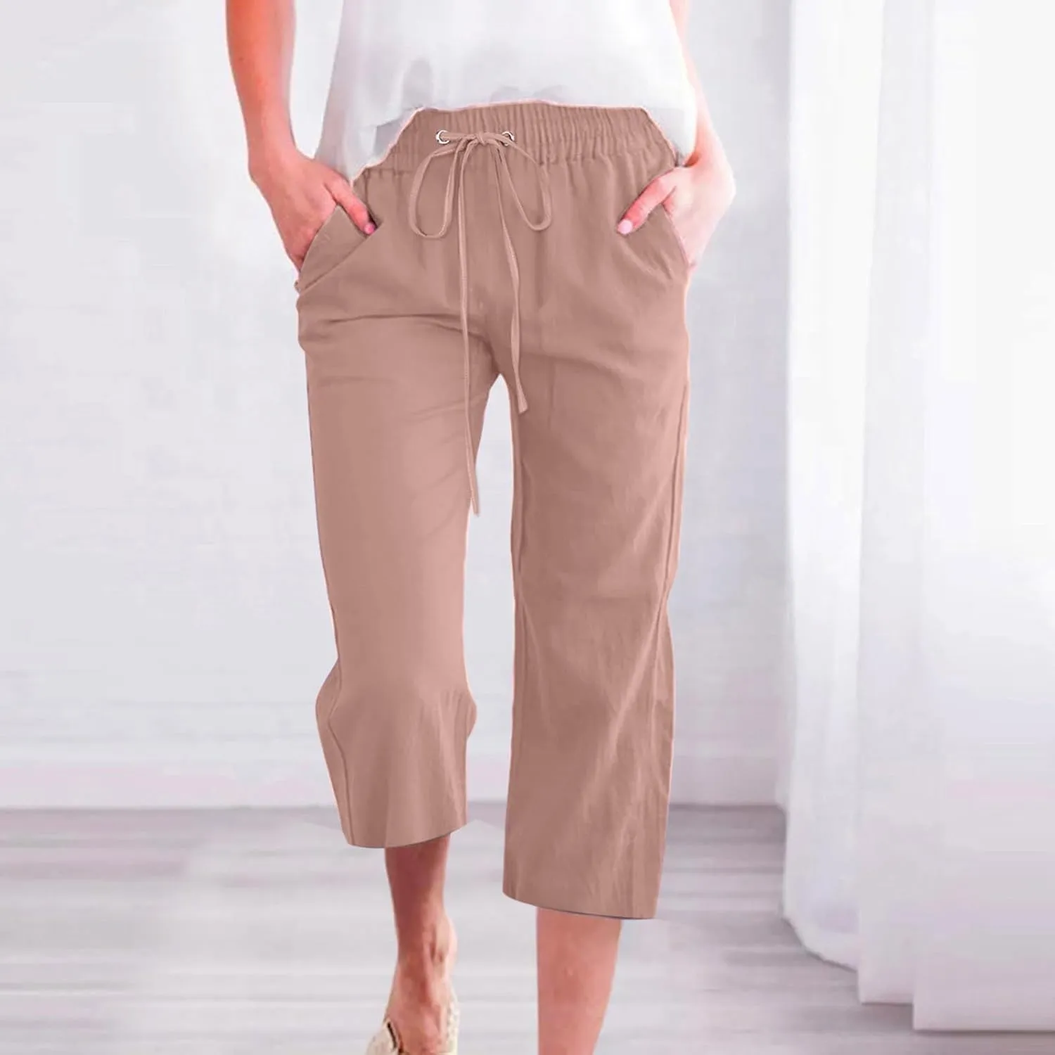 Linen Capri Pants for Women Loose Fit Crop Trousers Elastic Drawstring Waist Summer Boho Beach Outfit with Pockets