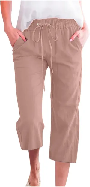 Linen Capri Pants for Women Loose Fit Crop Trousers Elastic Drawstring Waist Summer Boho Beach Outfit with Pockets