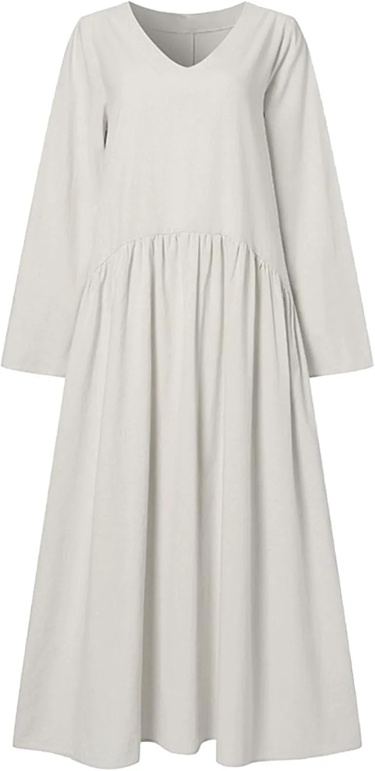 Linen Dresses for Women 2024 Plus Size Maxi Dress V Neck Long Sleeve Beach Vacation Dresses Fall Flowy Dress Trendy