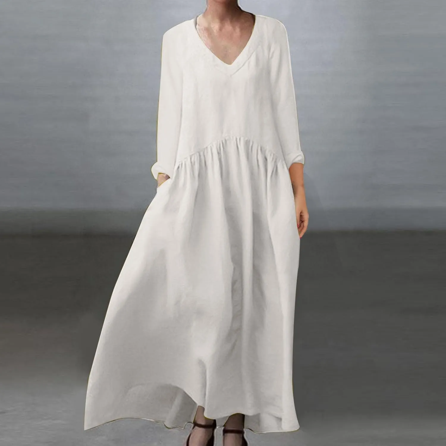Linen Dresses for Women 2024 Plus Size Maxi Dress V Neck Long Sleeve Beach Vacation Dresses Fall Flowy Dress Trendy
