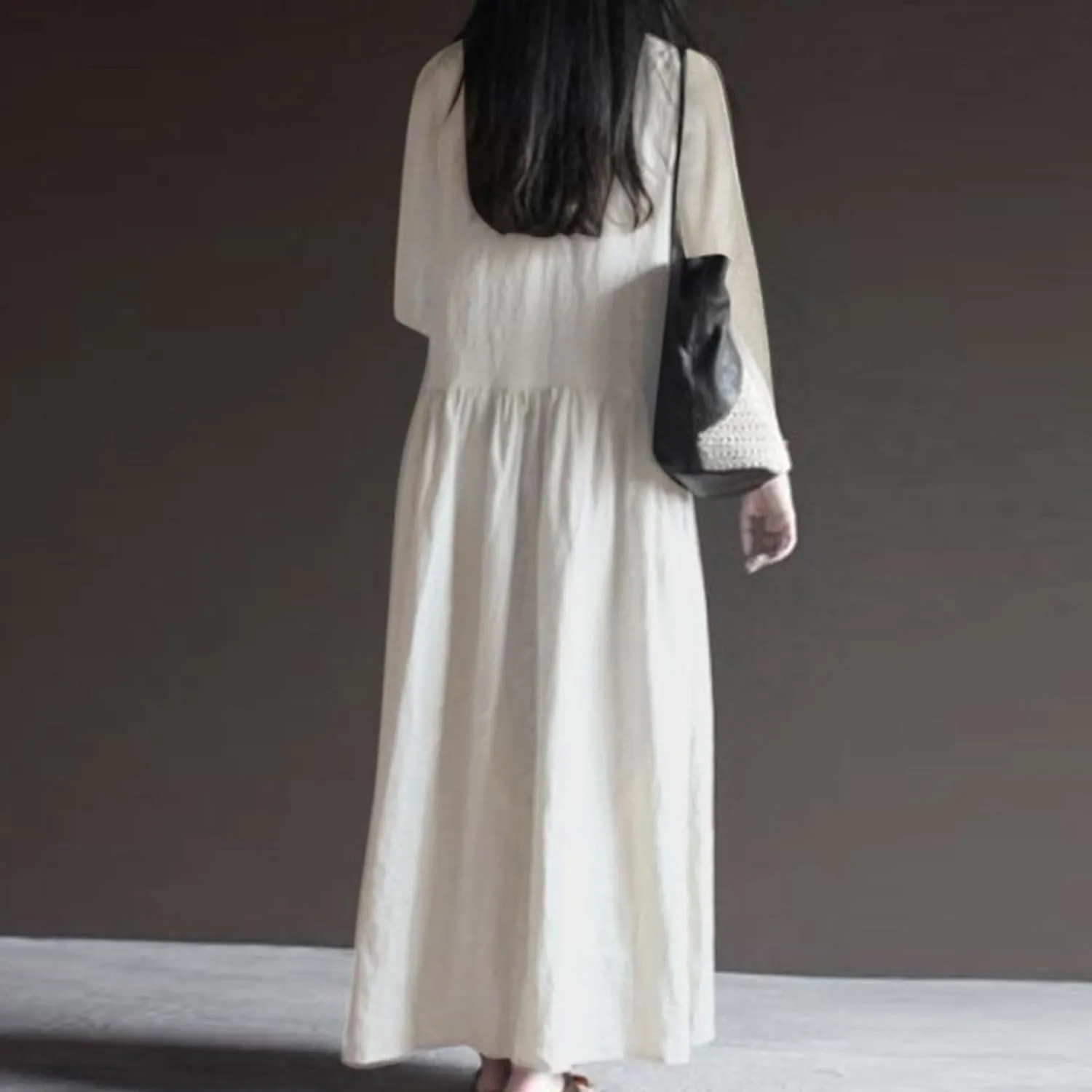 Linen Dresses for Women 2024 Plus Size Maxi Dress V Neck Long Sleeve Beach Vacation Dresses Fall Flowy Dress Trendy