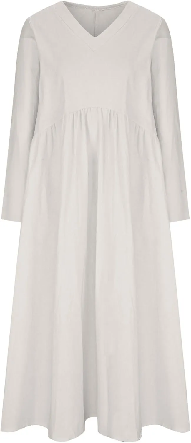 Linen Dresses for Women 2024 Plus Size Maxi Dress V Neck Long Sleeve Beach Vacation Dresses Fall Flowy Dress Trendy