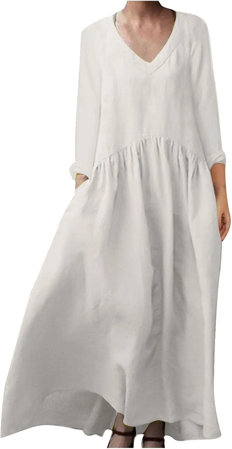 Linen Dresses for Women 2024 Plus Size Maxi Dress V Neck Long Sleeve Beach Vacation Dresses Fall Flowy Dress Trendy