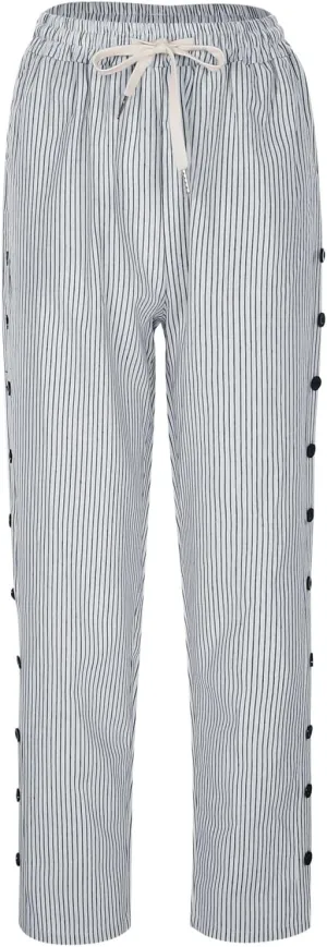 Linen Pants for Women 2025 Striped Drawstring Button Down Straight Wide Leg Trousers Casual Loose Baggy Ankle Pants