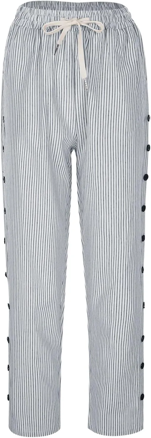 Linen Pants for Women 2025 Striped Drawstring Button Down Straight Wide Leg Trousers Casual Loose Baggy Ankle Pants