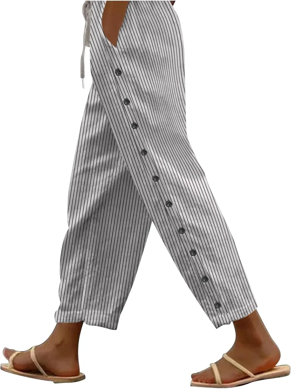 Linen Pants for Women 2025 Striped Drawstring Button Down Straight Wide Leg Trousers Casual Loose Baggy Ankle Pants