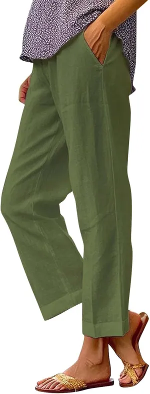 Linen Pants for Women Casual Loose High Waist Wide Leg Palazzo Pants 2025 Summer Boho Floral Lightweight Beach Trousers
