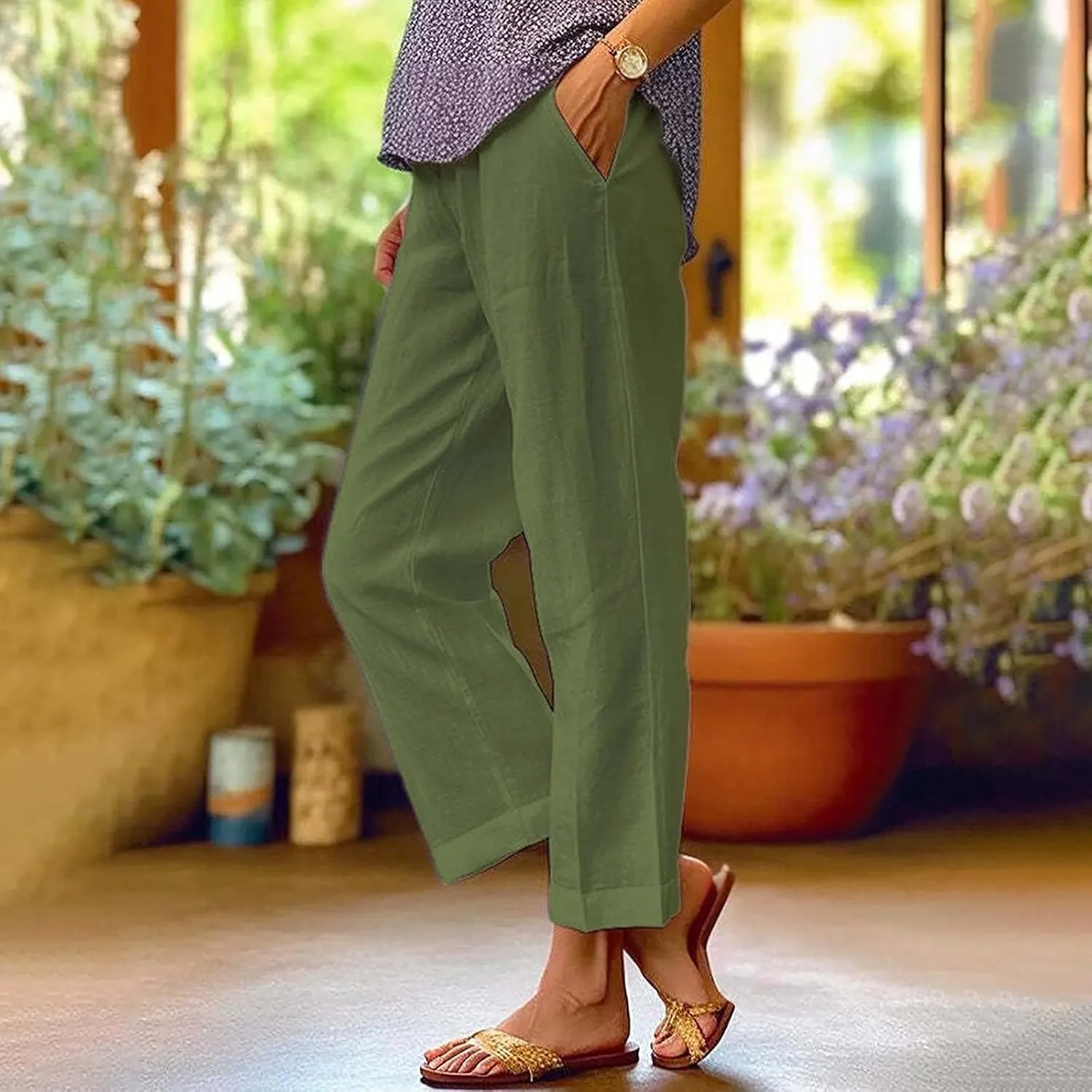 Linen Pants for Women Casual Loose High Waist Wide Leg Palazzo Pants 2025 Summer Boho Floral Lightweight Beach Trousers