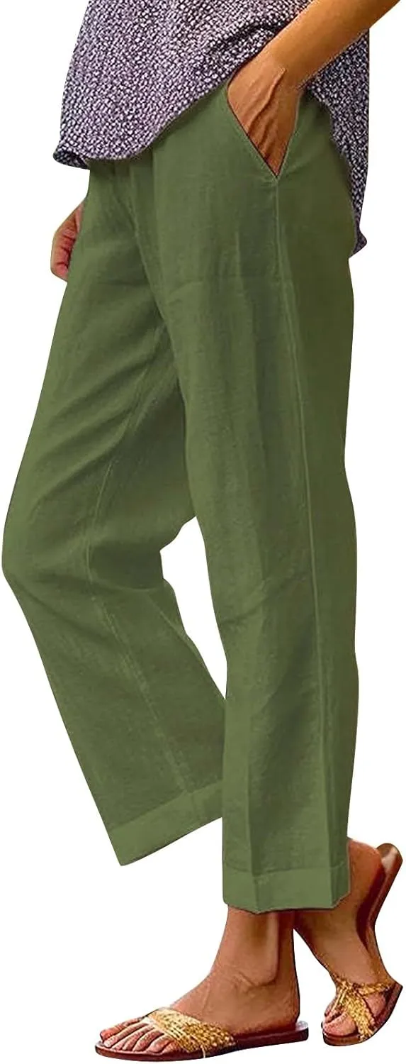 Linen Pants for Women Casual Loose High Waist Wide Leg Palazzo Pants 2025 Summer Boho Floral Lightweight Beach Trousers
