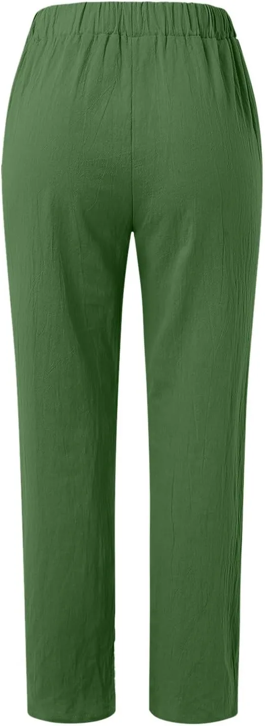 Linen Pants for Women Summer Casual Elastic High Waisted Straight Leg Lounge Pants Beach Loose Lightweight Trousers
