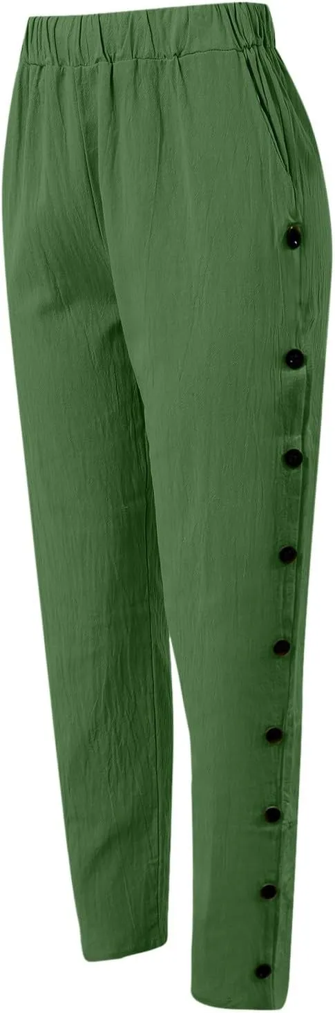 Linen Pants for Women Summer Casual Elastic High Waisted Straight Leg Lounge Pants Beach Loose Lightweight Trousers