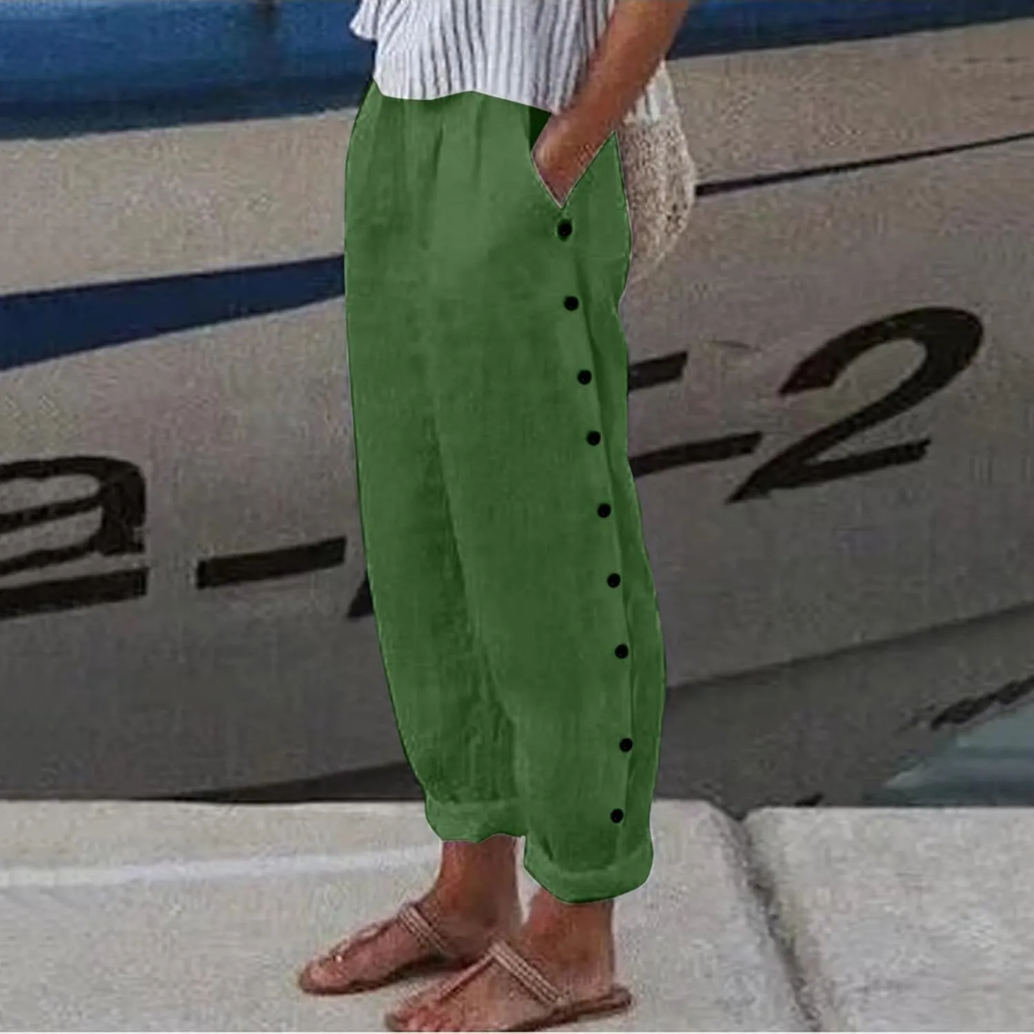 Linen Pants for Women Summer Casual Elastic High Waisted Straight Leg Lounge Pants Beach Loose Lightweight Trousers