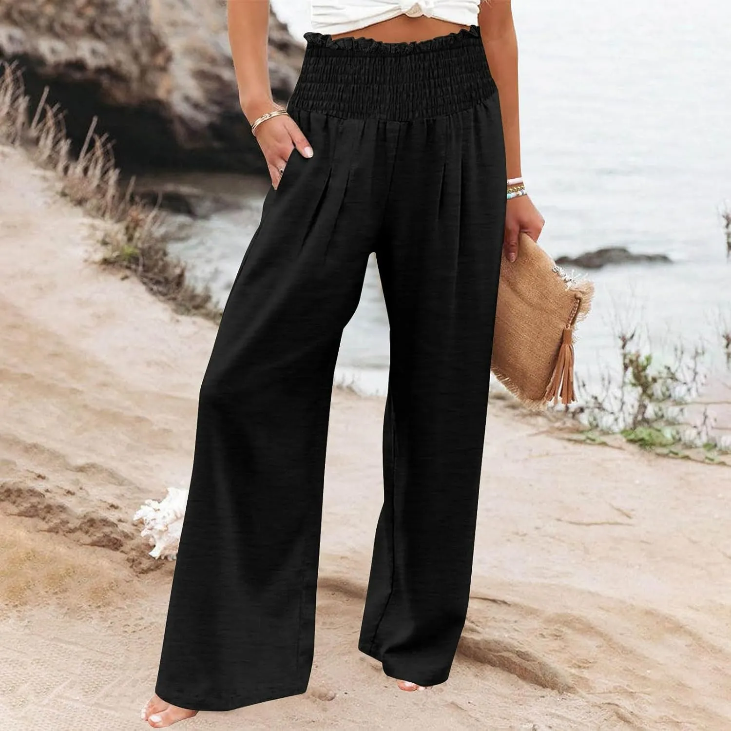 Linen Pants Women Smocked High Waisted Palazzo Pants Ladies Wide Leg Trousers Dressy Casual Summer Beach Outfits