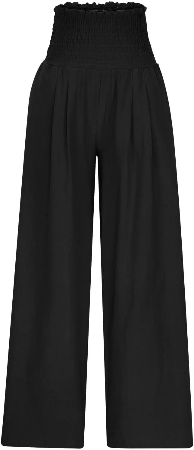 Linen Pants Women Smocked High Waisted Palazzo Pants Ladies Wide Leg Trousers Dressy Casual Summer Beach Outfits