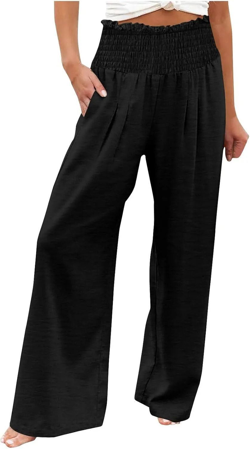 Linen Pants Women Smocked High Waisted Palazzo Pants Ladies Wide Leg Trousers Dressy Casual Summer Beach Outfits