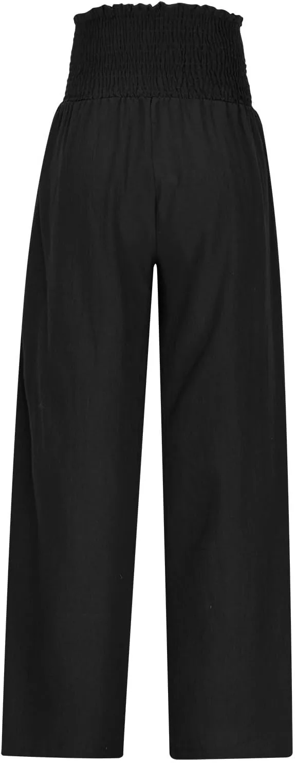Linen Pants Women Smocked High Waisted Palazzo Pants Ladies Wide Leg Trousers Dressy Casual Summer Beach Outfits