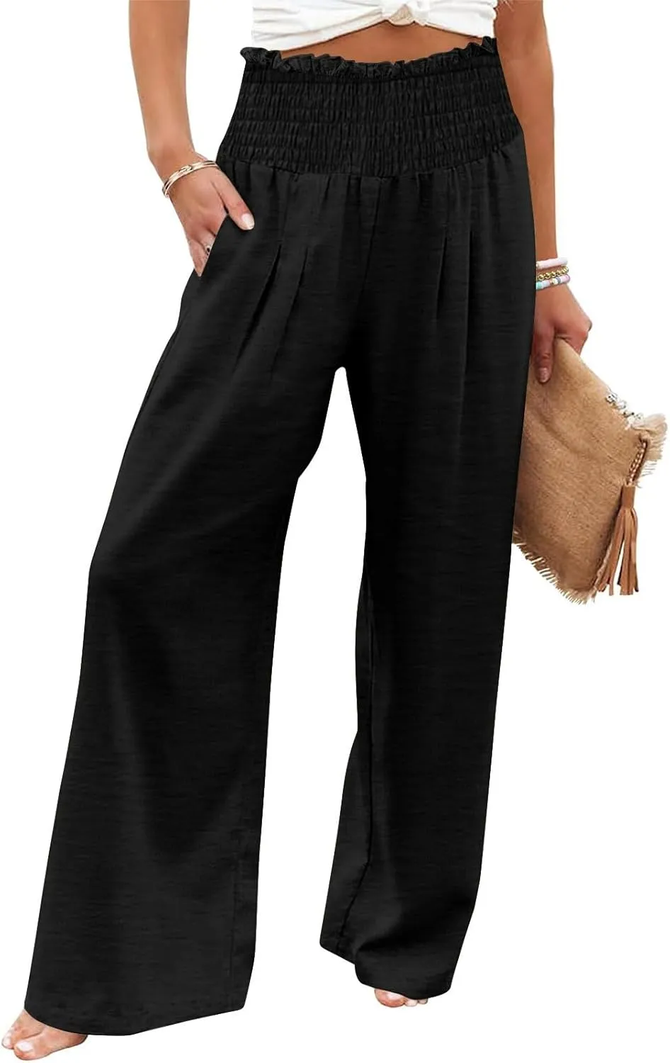Linen Pants Women Smocked High Waisted Palazzo Pants Ladies Wide Leg Trousers Dressy Casual Summer Beach Outfits