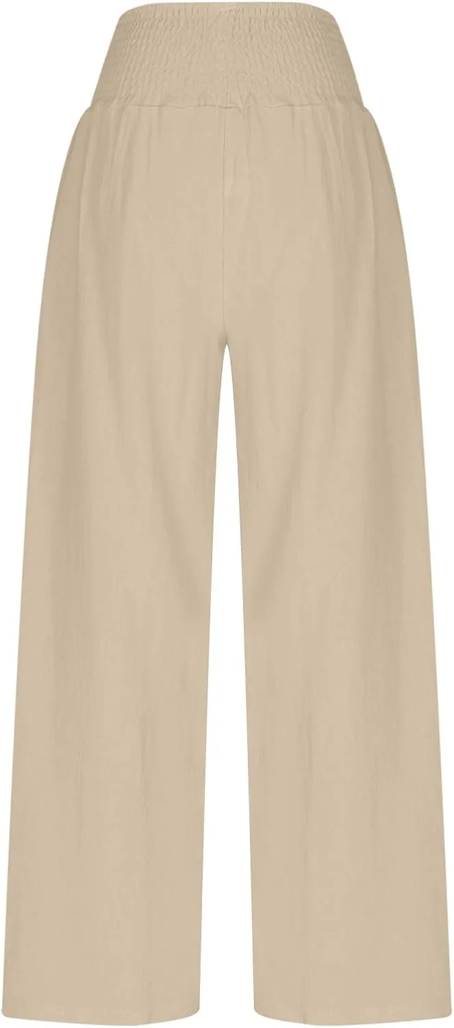 Linen Pants Women Trendy Ruffle Elastic High Wasit Palazzo Pants Dressy Casual Summer Wide Leg Trousers with Pockets