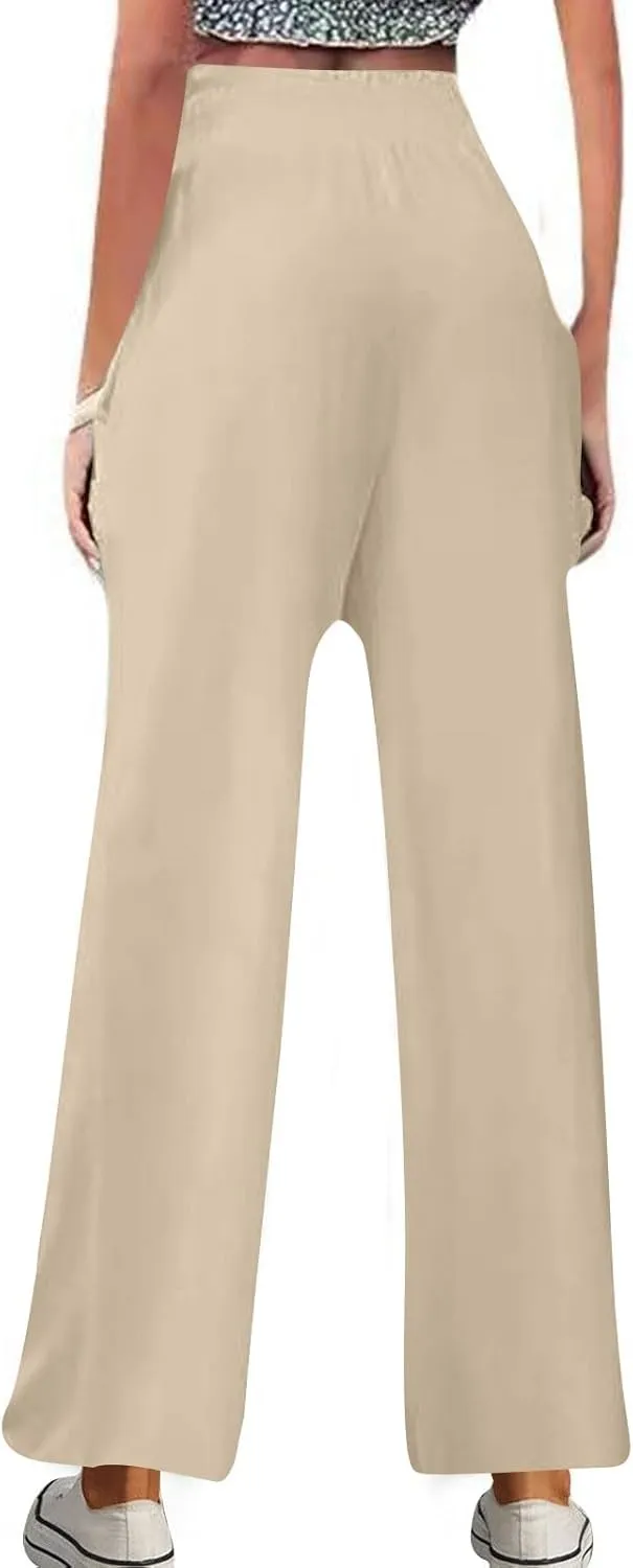 Linen Pants Women Trendy Ruffle Elastic High Wasit Palazzo Pants Dressy Casual Summer Wide Leg Trousers with Pockets