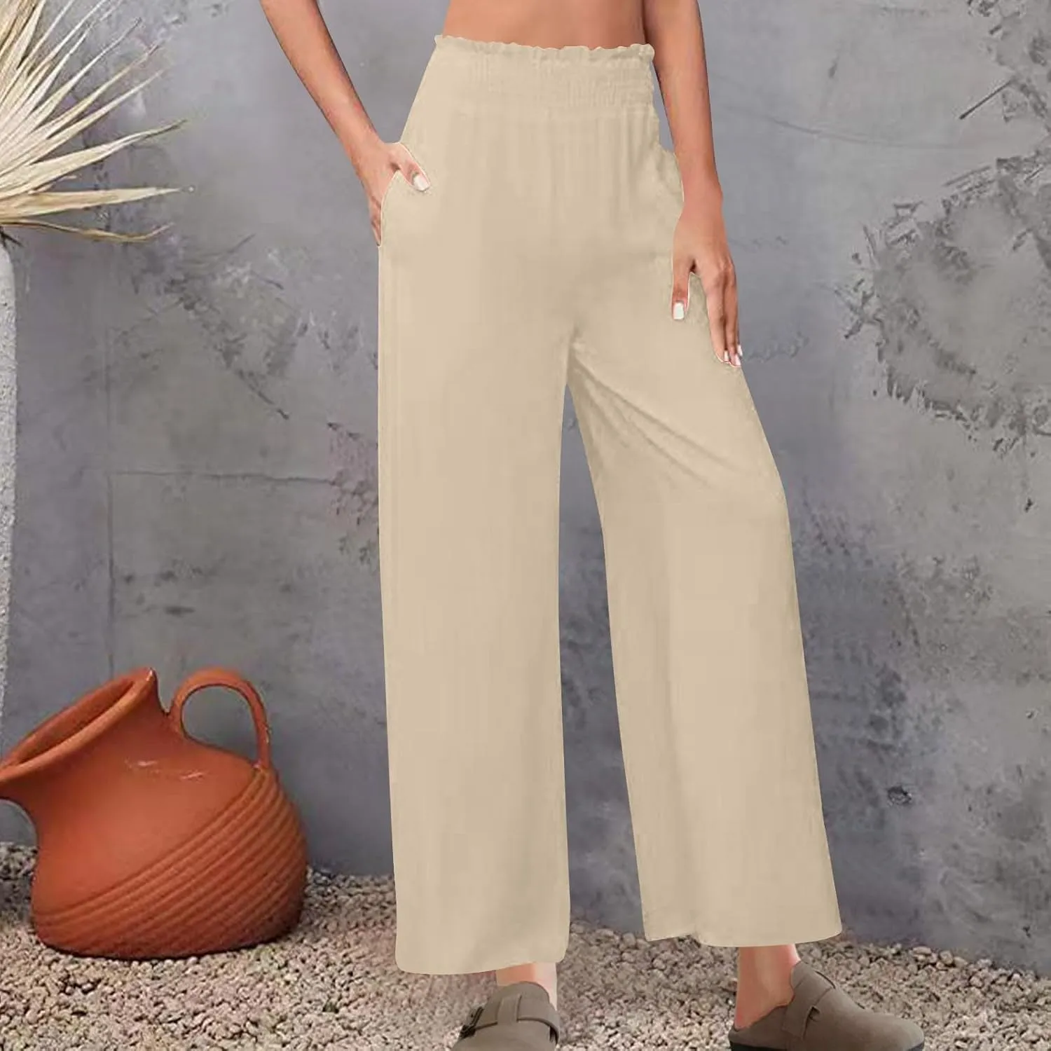Linen Pants Women Trendy Ruffle Elastic High Wasit Palazzo Pants Dressy Casual Summer Wide Leg Trousers with Pockets