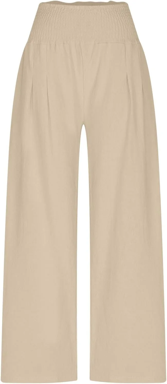 Linen Pants Women Trendy Ruffle Elastic High Wasit Palazzo Pants Dressy Casual Summer Wide Leg Trousers with Pockets
