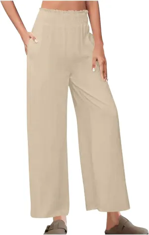 Linen Pants Women Trendy Ruffle Elastic High Wasit Palazzo Pants Dressy Casual Summer Wide Leg Trousers with Pockets