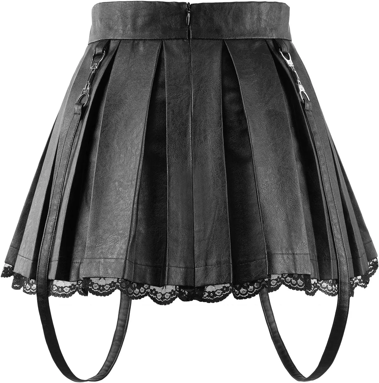Littleforbig Women's A-Line Pleated Faux Leather Flared Casual Lace Trim Mini Skirts - Troublemaker