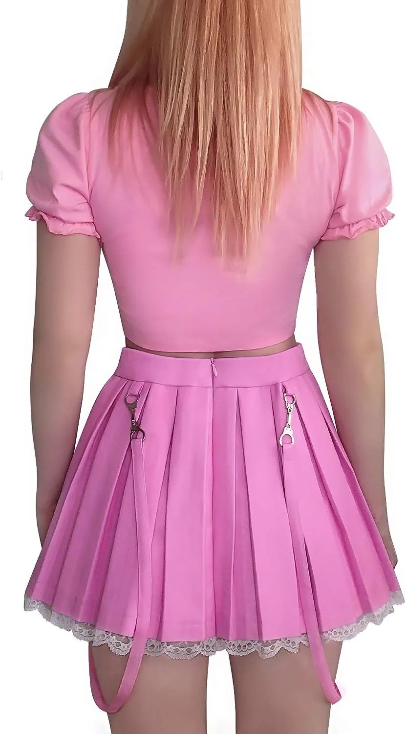 Littleforbig Women's A-Line Pleated Faux Leather Flared Casual Lace Trim Mini Skirts - Troublemaker