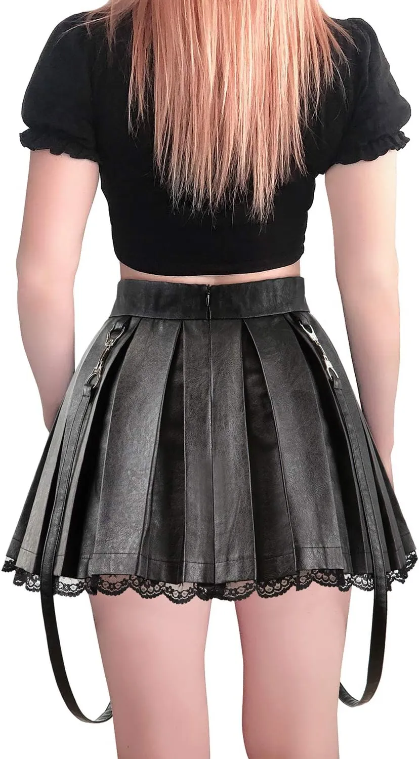 Littleforbig Women's A-Line Pleated Faux Leather Flared Casual Lace Trim Mini Skirts - Troublemaker