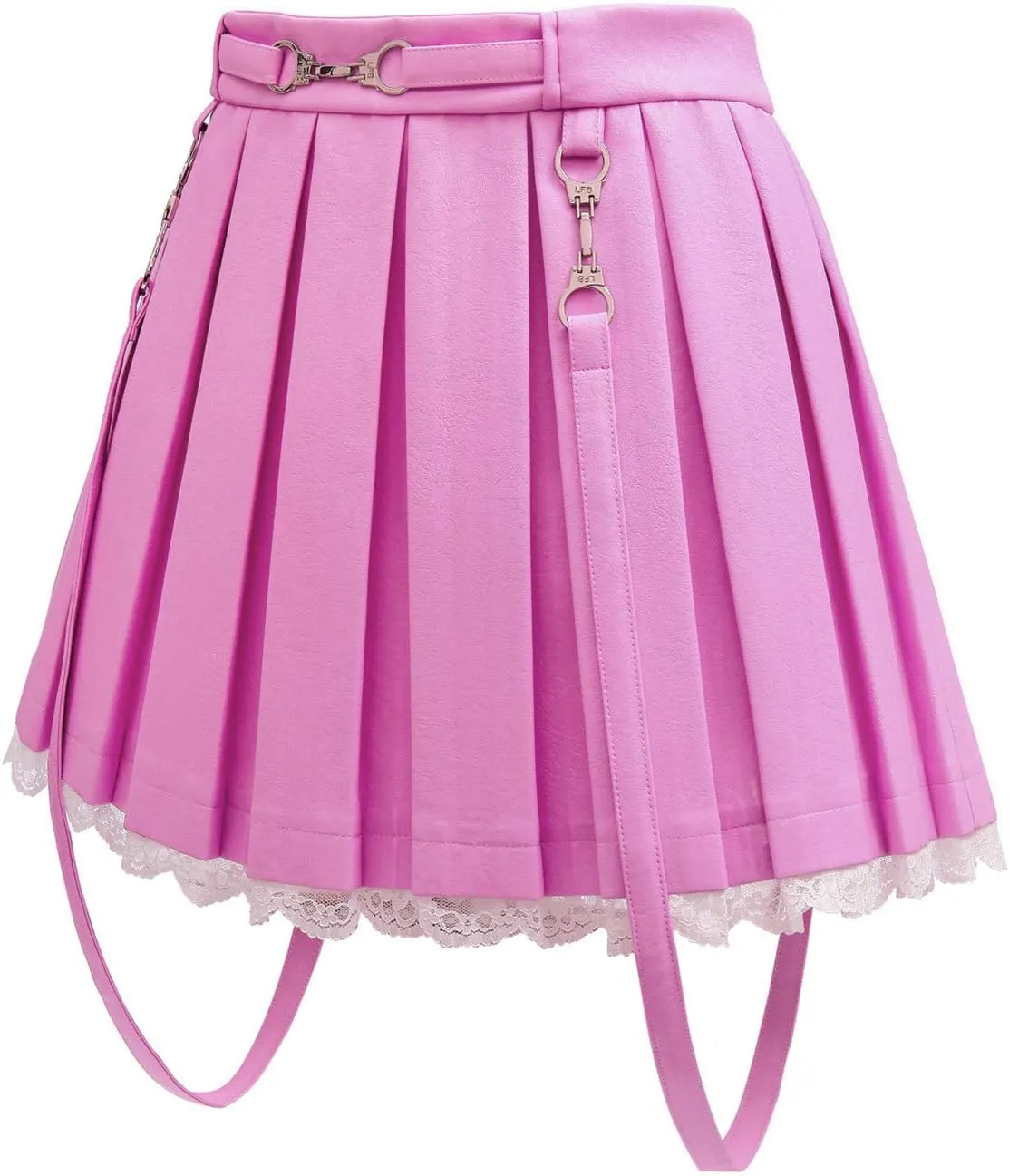 Littleforbig Women's A-Line Pleated Faux Leather Flared Casual Lace Trim Mini Skirts - Troublemaker