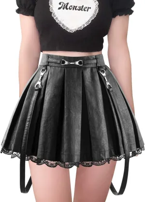 Littleforbig Women's A-Line Pleated Faux Leather Flared Casual Lace Trim Mini Skirts - Troublemaker