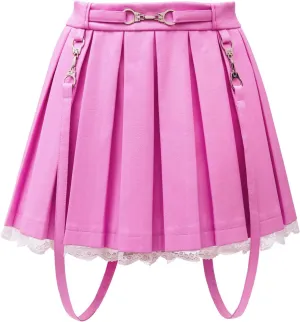 Littleforbig Women's A-Line Pleated Faux Leather Flared Casual Lace Trim Mini Skirts - Troublemaker