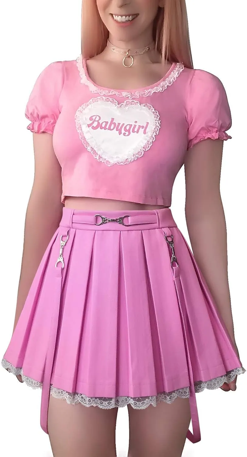 Littleforbig Women's A-Line Pleated Faux Leather Flared Casual Lace Trim Mini Skirts - Troublemaker