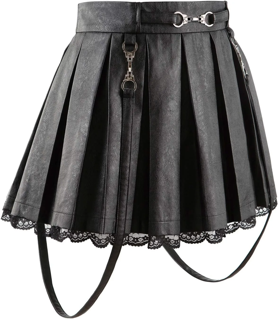 Littleforbig Women's A-Line Pleated Faux Leather Flared Casual Lace Trim Mini Skirts - Troublemaker