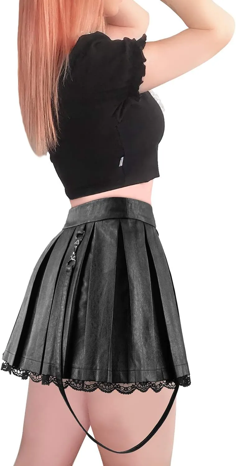 Littleforbig Women's A-Line Pleated Faux Leather Flared Casual Lace Trim Mini Skirts - Troublemaker