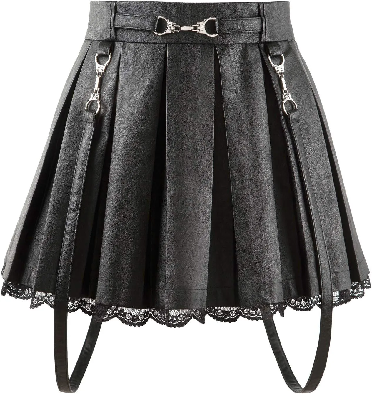 Littleforbig Women's A-Line Pleated Faux Leather Flared Casual Lace Trim Mini Skirts - Troublemaker