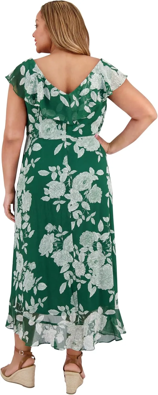 London Times Women's Chiffon Faux Wrap Ruffle Maxi Dress Guest of Wedding