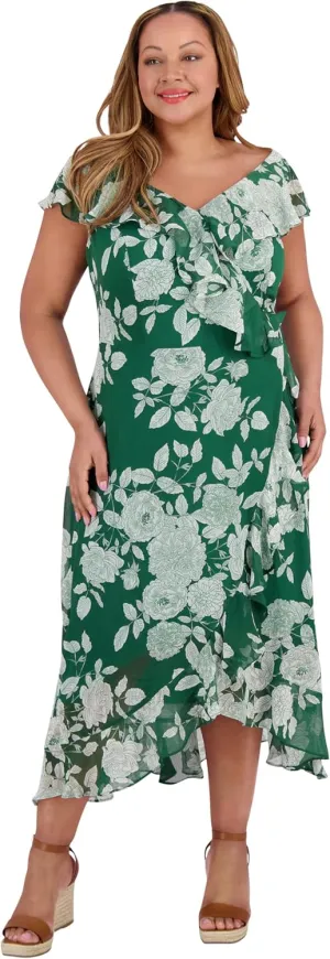 London Times Women's Chiffon Faux Wrap Ruffle Maxi Dress Guest of Wedding