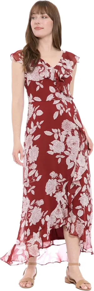 London Times Women's Chiffon Faux Wrap Ruffle Maxi Dress Guest of Wedding